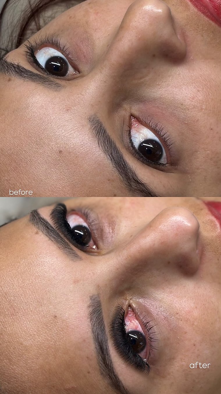Antes e depois de extensão de cílios e design de sobrancelhas