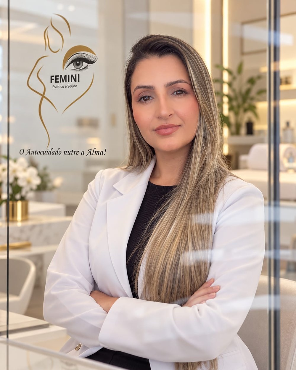 Lilian Cristina de blazer branco e braços cruzados no Studio FEMINI, com a logo dourada no vidro
